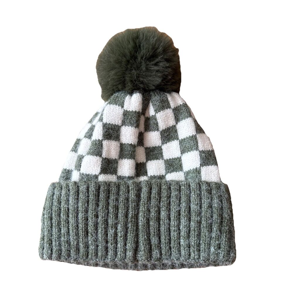 Bubu Checker Pom Beanie Kids Size‎ Medium 1-6 Years Olive Green